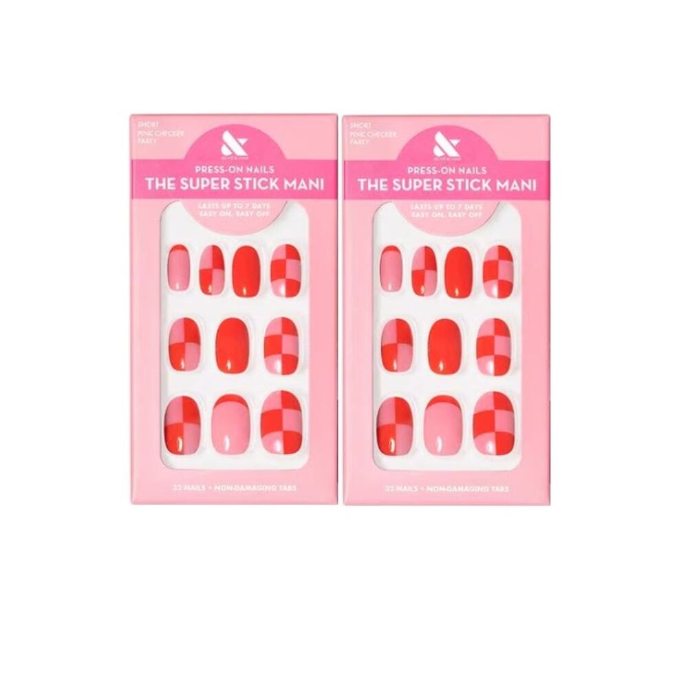 2 Pack Olive & June Super Stick Mani Press-On Fake Nails Pink Checker Party 32ea